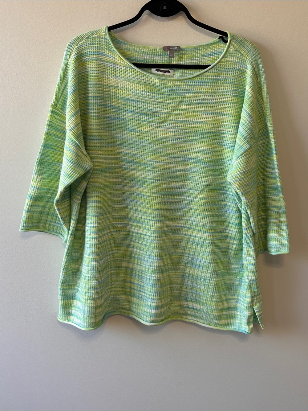 Talbots Women’s 3X Boxy Striped Knit Top in Green Yellow Blue white 3/4 Sleeve
